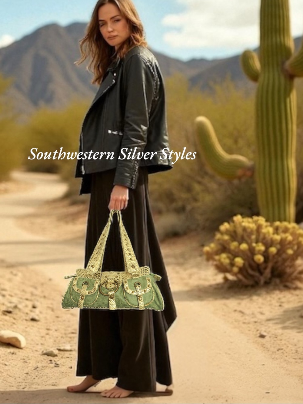 Vintage Southwestern Leather Python Snakeskin Accents Bronze Metal Shoulder Bag